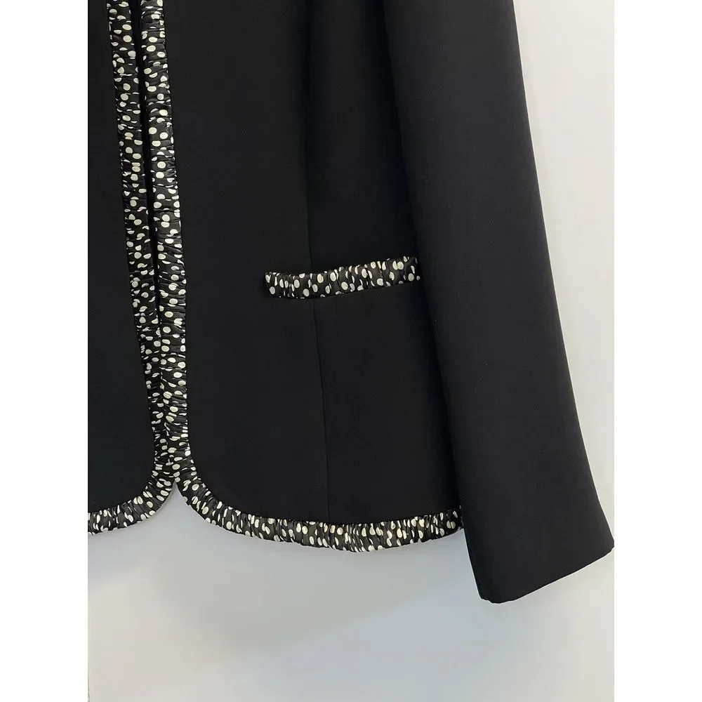 Kasper Black Business Jacket Sz 8 Polka dot Trim Blazer Open Front Lined Pockets